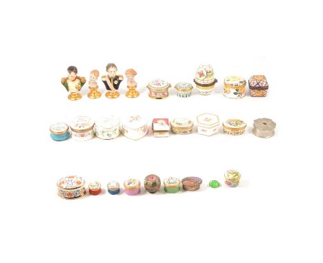 A collection of enamel and porcelain trinket boxes, including some Halcyon Days boxes and covers; and four Continental porcel
