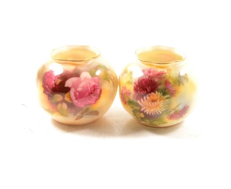 Pair of Royal Worcester posy vases, 1923, one painted with Hadley style roses, the other with Chrysanthemums, model G161, 6.8