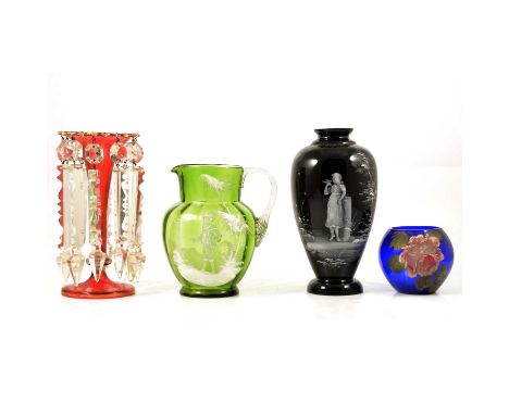 Interesting collection of Mary Gregory style enamelled coloured glass, including black-ground vase, 22.5cm, jugs, spill vases