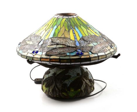 Tiffany style Dragonfly table lamp, conical shade, compressed base, 41cm.