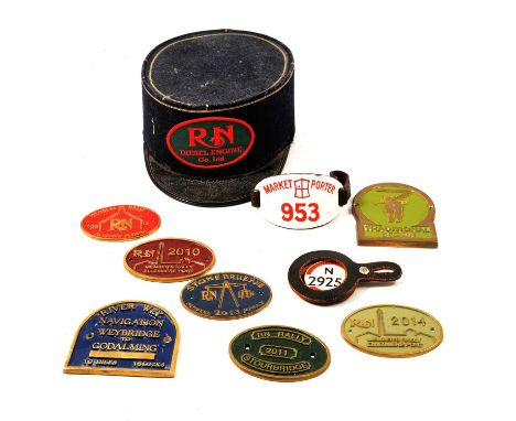 Collection of canal-related brass plaques relating to Russell Newbery Members Rallies 2010-2014, an enamelled Market Porter a