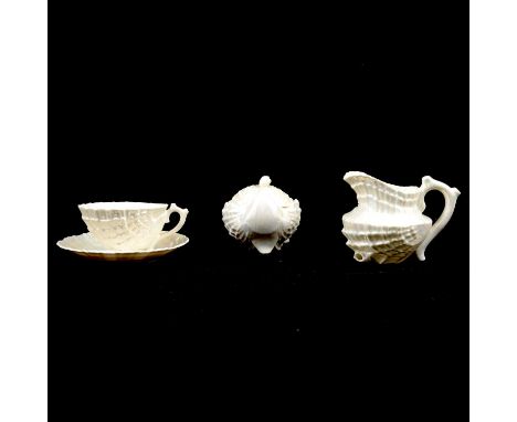 German lustred tea service, Shell pattern design, similar to the Belleek Neptune pattern, including six cups and saucers, mil