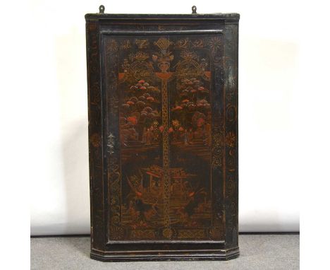 Chinoiserie decorated hanging corner cupboard, with single door, dated 1722 and named Lettice Faulkner, width 58cm, height 93