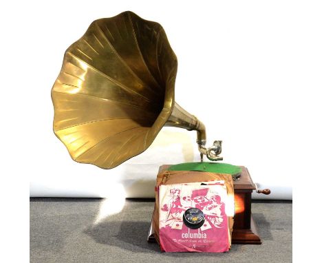HMV gramophone, labelled Dale, Forty, Cardiff, a suitcase of 78's records and a modern "nipper" poster.Condition report:Pleas