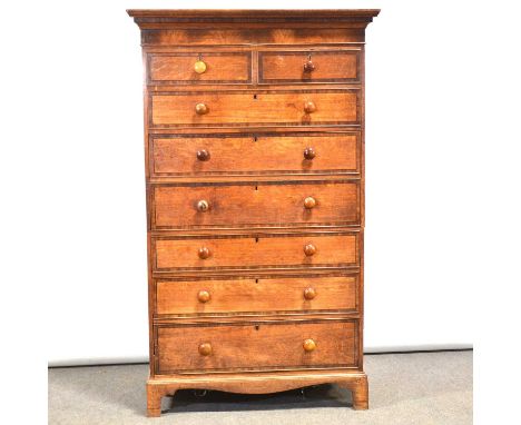 George III oak and mahogany tallboy chest, (split carcass), moulded cornice, plain frieze, two short and six long graduating 