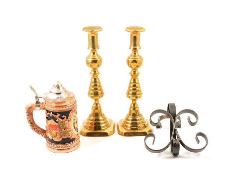 Pair of brass and wood cannons' pair of brass candlesticks; horse brasses; brass toasting fork; pair of Bolin Smide metal wal