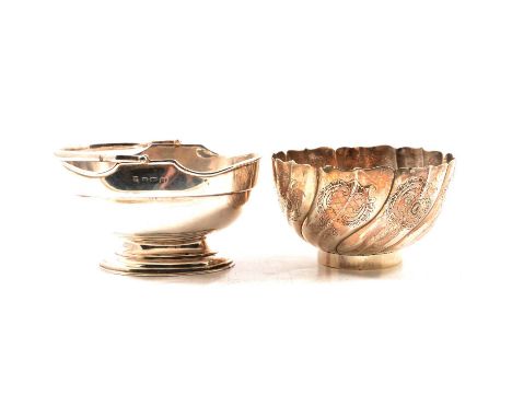 Silver sugar bowl, S W Smith &amp; Co., Birmingham possibly 1915, oval pedestal form with swing handle, 7.5cm, 4.5ozt., and a