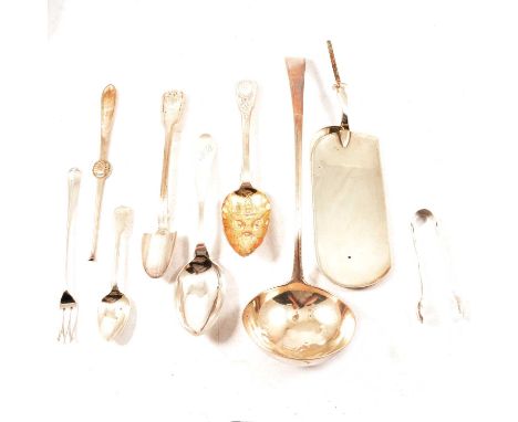 Small quantity of silver flatware, including silver stilton cheese scoop, William Eaton, London 1838, fiddle, thread and shel