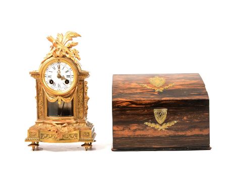 French gilt metal mantel clock, cylinder movement stamped L P Japy, striking on a bell, 30cm, and a coromandel correspondence