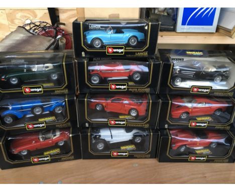 Burago boxed diecast 1:18 scale vehicles, including Jaguar, Alfa Romeo, Lancia, Mercedes Ferrari etc