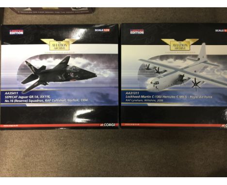 Corgi toys boxed diecast Aviation Archive, 1:72 scale , including Sepecat Jaguar GR 1A (AA35411), Lockheed - Martin C-130J He