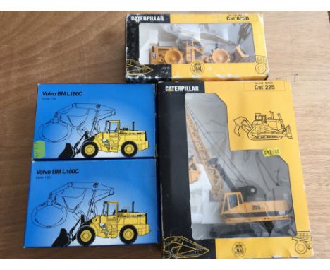 Joal Caterpillar boxed diecast Cat225 Crane, Cat 825B compactor also 2x Volvo BM L180C compactors, all 1:50 scale