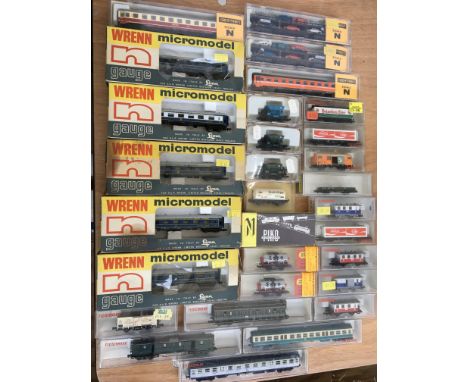 Fleischmann, Wrenn, Ibertren etc , N gauge carriages and rolling stock, boxed