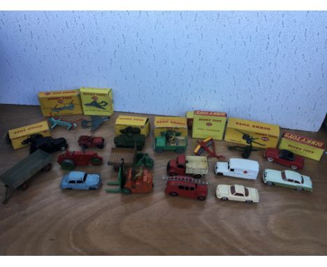 Dinky toys some boxed including cars, Military, farm equipment, fork lift and fire engine etc, boxes are tatty