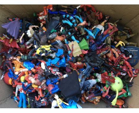 A large box of various action figures including Spider-Man, Batman etc