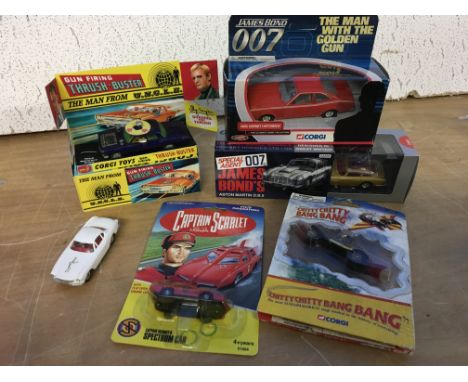 Corgi man from uncle Thrush buster in repro box, James Bond 007, Thunderball anniversary gold Aston Martin DB5, The Saint Vol