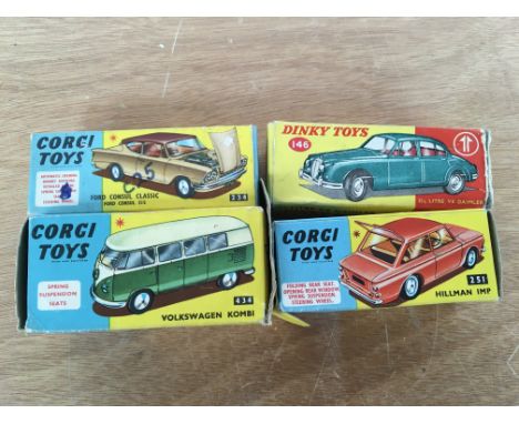 3 boxed Corgi cars including VW kombucha 434, Ford Consul classic 234, Hillman Imp 251 and a Dinky V8 Daimler 146