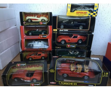 Burago and Maisto 1:18 and 1:24 scale boxed diecast vehicles including Ferrari, Jaguar, Porsche etc