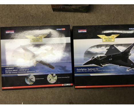 Corgi toys boxed diecast Aviation Archive 1:72 scale, including Blenheim MKIVF (AA38405) and a Eurofighter Typhoon F2