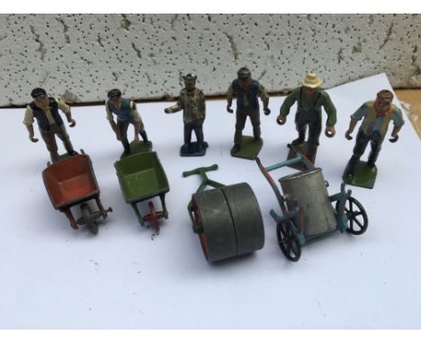 Britains man with swing water barrow, man with roller, four various figures and two wheelbarrows, diecast