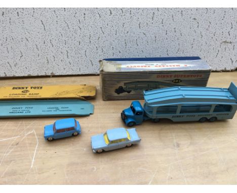 Dinky boxed Pullmore car transporter 983 with boxed loading ramp 794 and 2 loose Corgi cars a mini minor and a Fiat 1800