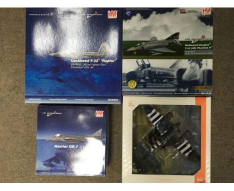 Hobby Master boxed 1:72 scale Air power series, aircraft including Lockheed F-22 Raptor, Harrier GR7 , MCDonnell Douglas F-4J