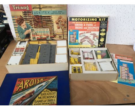 Triang Arkitex scale model construction kit boxed , a Chad Valley motorised building set and an Aroisk motoring board game