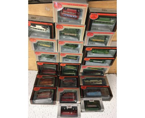 A collection of boxed diecast vehicles including EFE 1:76 scale models of Buses