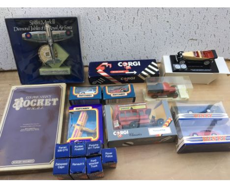 A box of boxed diecast vehicles including Matchbox, Corgi juniors, Dinky etc