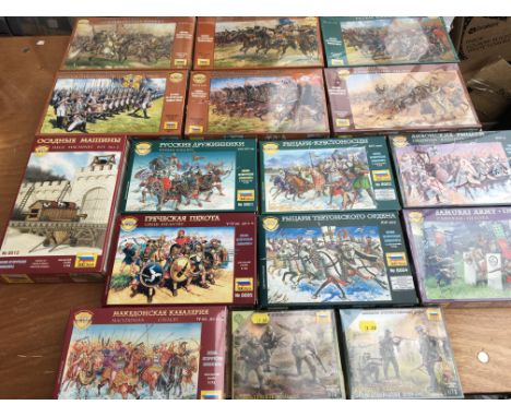 Zvezda 1:72 scale unpainted military model kits including Russian cavalry, Russian knights, Swedish Dragoon’s, Prussian Grena