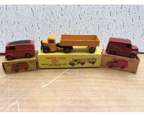 Dinky toys, boxed including Bedford Articulated lorry 409, Royal Mail van 260 and Trojan van , Brooke Bond 455 repro box