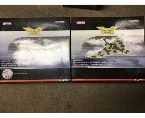 Corgi toys boxed diecast Aviation Archive limited edition, 1:72 scale, including BAC Lightning F6 (AA32312) and an Avro Vulca