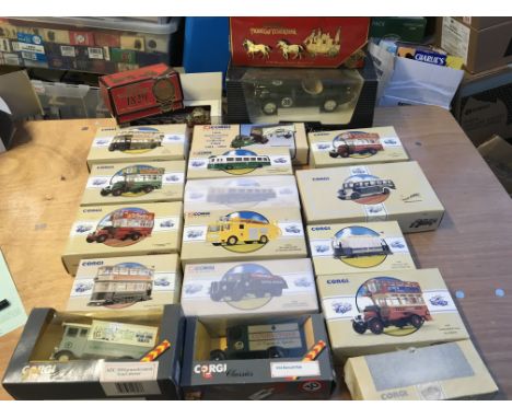 Corgi toys boxed diecast vehicles including Buses and Trams etc also included is a 1:18 scale Ertl Jaguar XK 120 etc