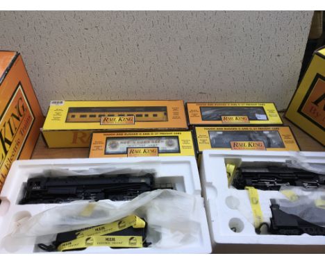 Rail King , MTH electric trains, boxed O gauge, including 4-8-8-2 cab forward steam engine and a 4-6-6-4 challenger steam eng