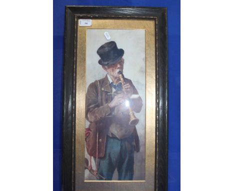 PRINT DEPICTING AN ELDERLY MUSICIAN 
PLAYING 'DRINK TO ME ONLY' ON THE FLUTE
57cm x 30cm
Framed and under glass