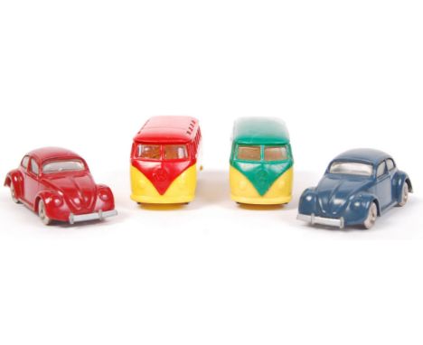 A collection of 4x vintage early Lego 1950's HO / 1:76 scale plastic model Volkswagen cars - Beetle and Volkswagen Camper Van