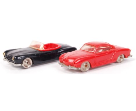 Two vintage early Lego 1950's HO / 1:76 scale plastic model cars - Karmann Ghia and Mercedes 190 SL. Red and black respective