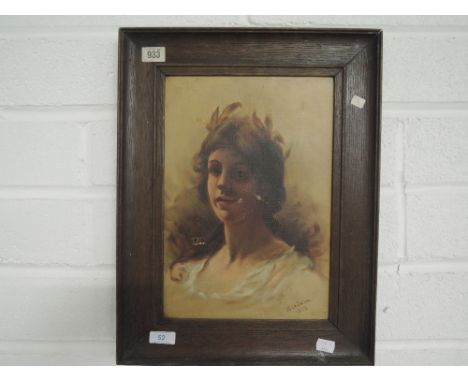 An antique style oil on canvas portrait depicting Greek style maiden signed E.LeGall 1913