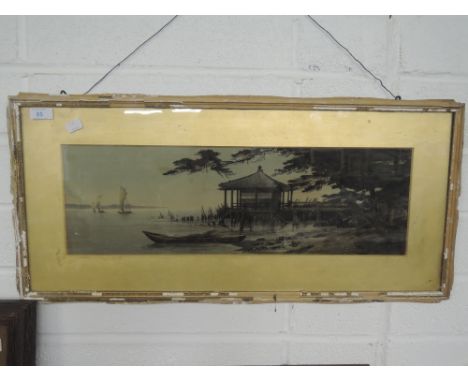 A vintage silk screen embroidery depicting oriental sea scape