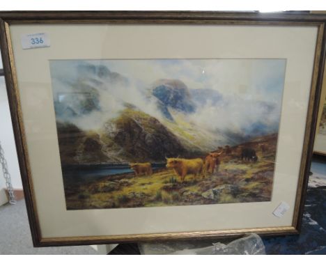 A vintage print depicting highland cattle