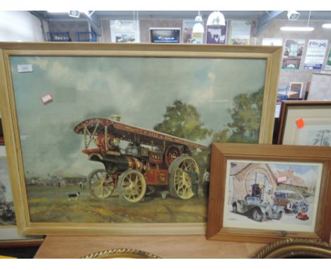 A vintage print of a steam traction engine and vintage garage scene