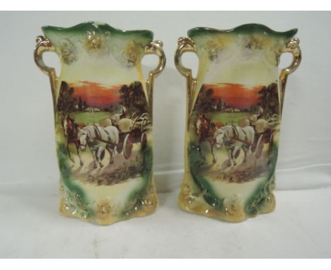 A pair of vintage ceramic transfer print vase by Hanley