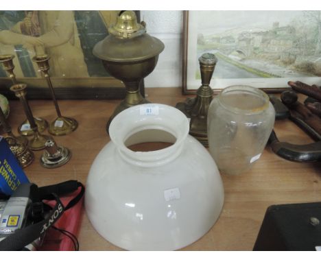 A selection of vintage oil burning lamp and lantern spares and parts including milk glass shade
