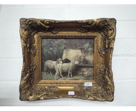 A vintage oil on canvas style print with ornate gilt and plaster style frame