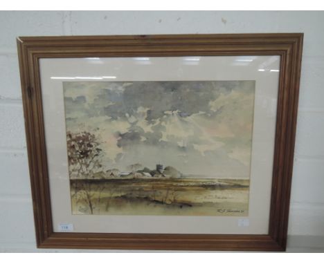 An original watercolour depicting village fields signed R Sharples 85
