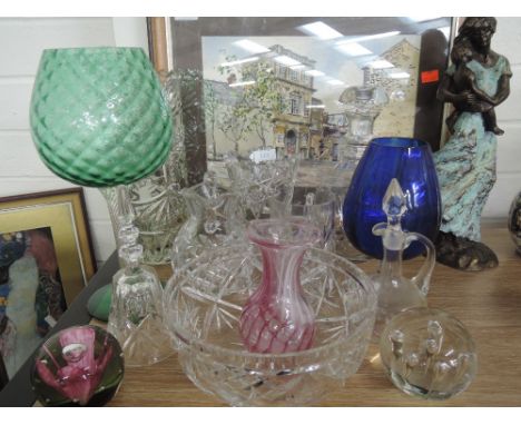 A selection of cut and etched glass wares including Caithness paper weight