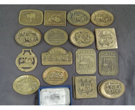 A collection of vintage local steam rally and gathering brass keepsakes including Morecambe Traction Engine Club