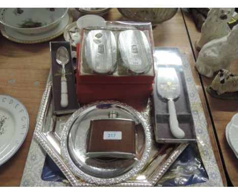 A selection of vintage plated wares including brush set and hip flask etc