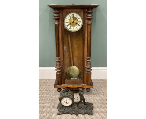 WALNUT CASED VIENNA-TYPE WALL CLOCK &amp; MODERN GOLF THEMED MANTEL CLOCK, the Vienna having a circular dial in white enamel,