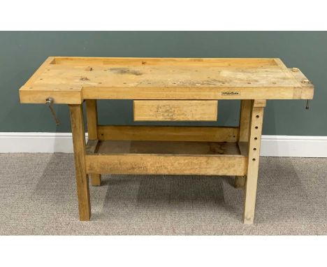 WHITEGATE WOODWORKERS BENCH WITH TWO INTEGRAL VICES, central drawer and undertier work shelf, 87cms H, 146cms W, 50cms DProve